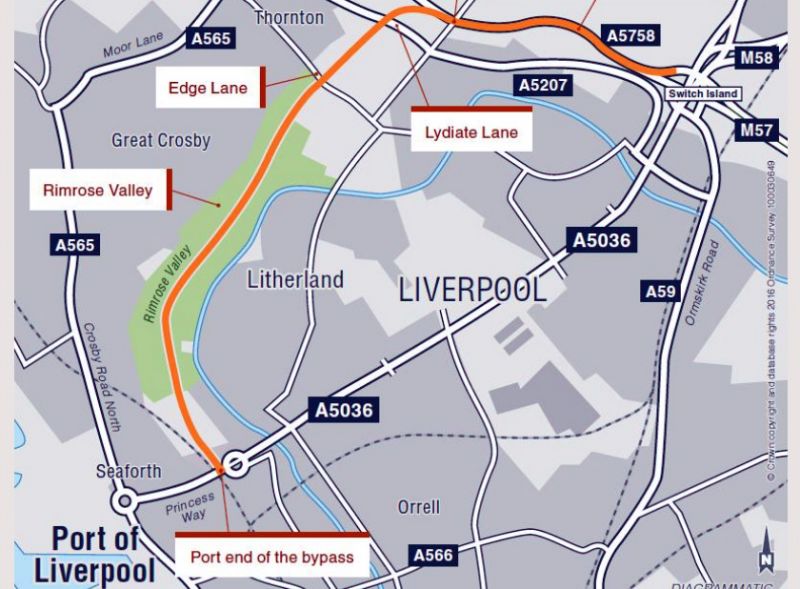Map showing one proposed road route through Rimrose Valley urban green space in Liverpool