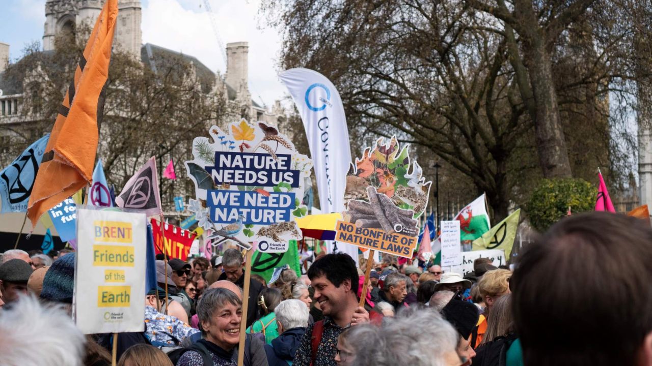 A group of campaigners with signs to protect nature