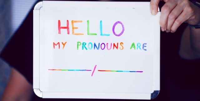 Someone is holding up a beautiful, rainbow-lettered placard which reads "Hello my pronouns are" with space to fill in your gender pronouns.