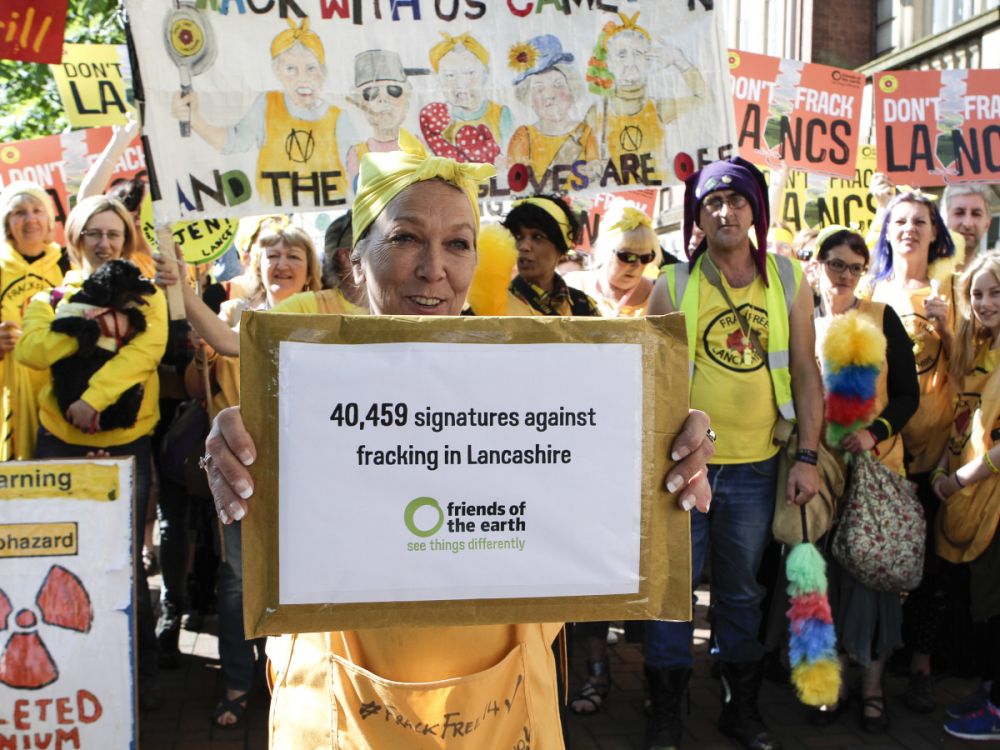 Frack Free Lancashire, including Tina Louise Rothery and the Nannas, hand in a petition from Friends of the Earth to Lancs county council