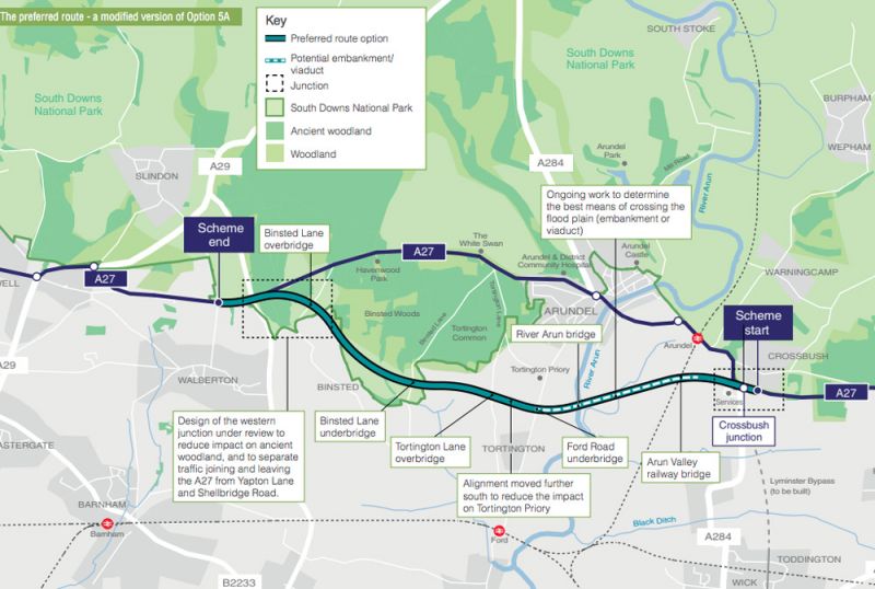 Map showing proposed route for Arundel bypass