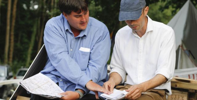 Friends of the Earth's environmental lawyer Jake White talks to local resident, Carl Lee, at a demonstration in Balcombe, West Sussex, against oil exploration by Cuadrilla, 7 August 2013.