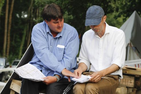 Friends of the Earth's environmental lawyer Jake White talks to local resident, Carl Lee, at a demonstration in Balcombe, West Sussex, against oil exploration by Cuadrilla, 7 August 2013.