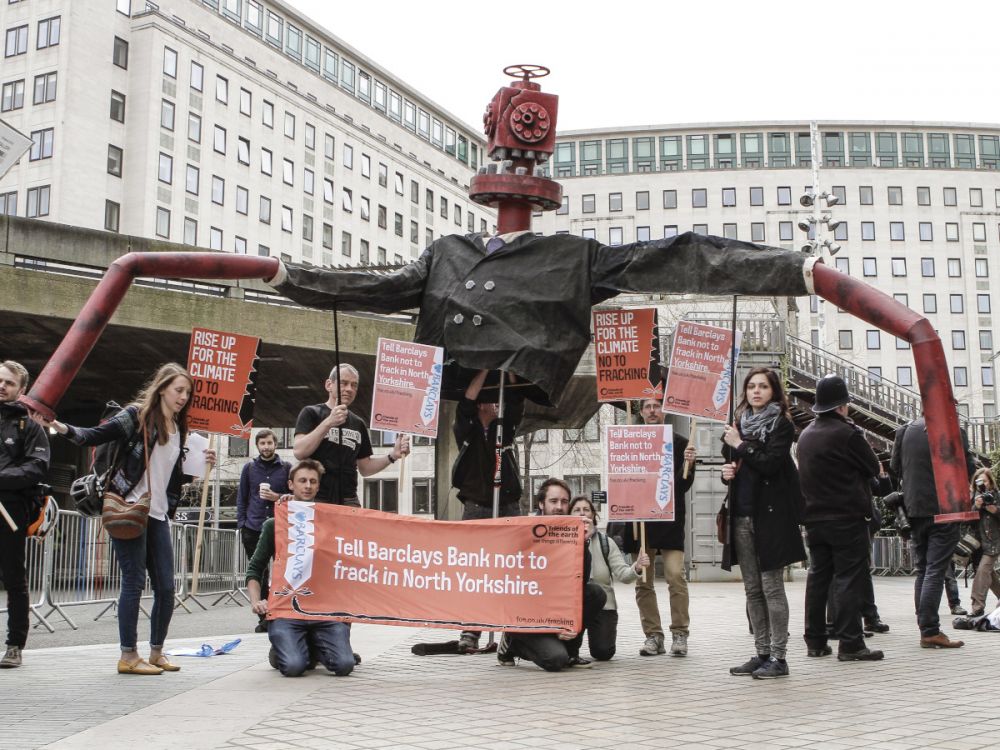 Friends of the Earth outside the Barclays AGM, Southbank, London, 23 April 2015