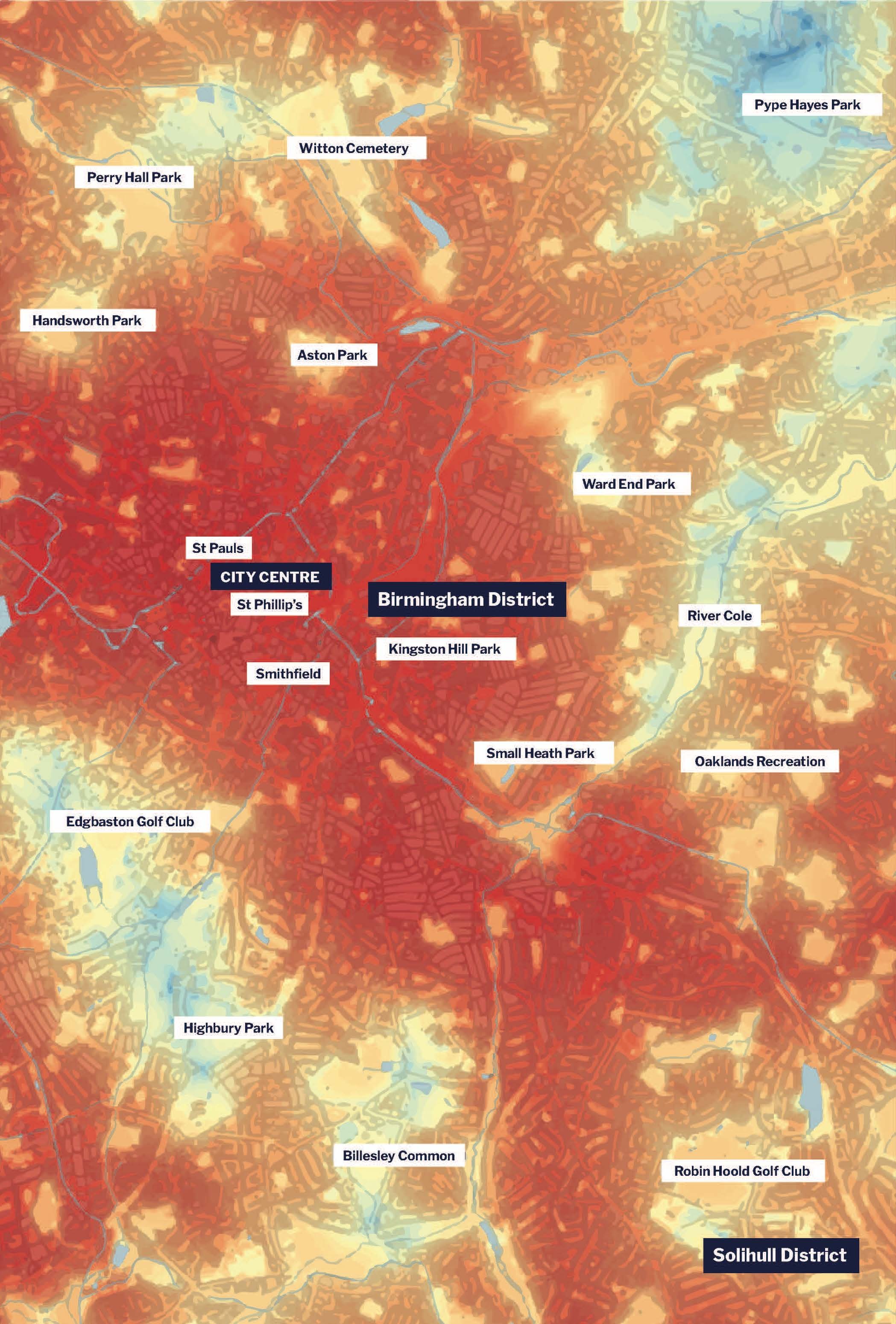 Map of Birmingham shaded to show the cooling effect of trees and green spaces