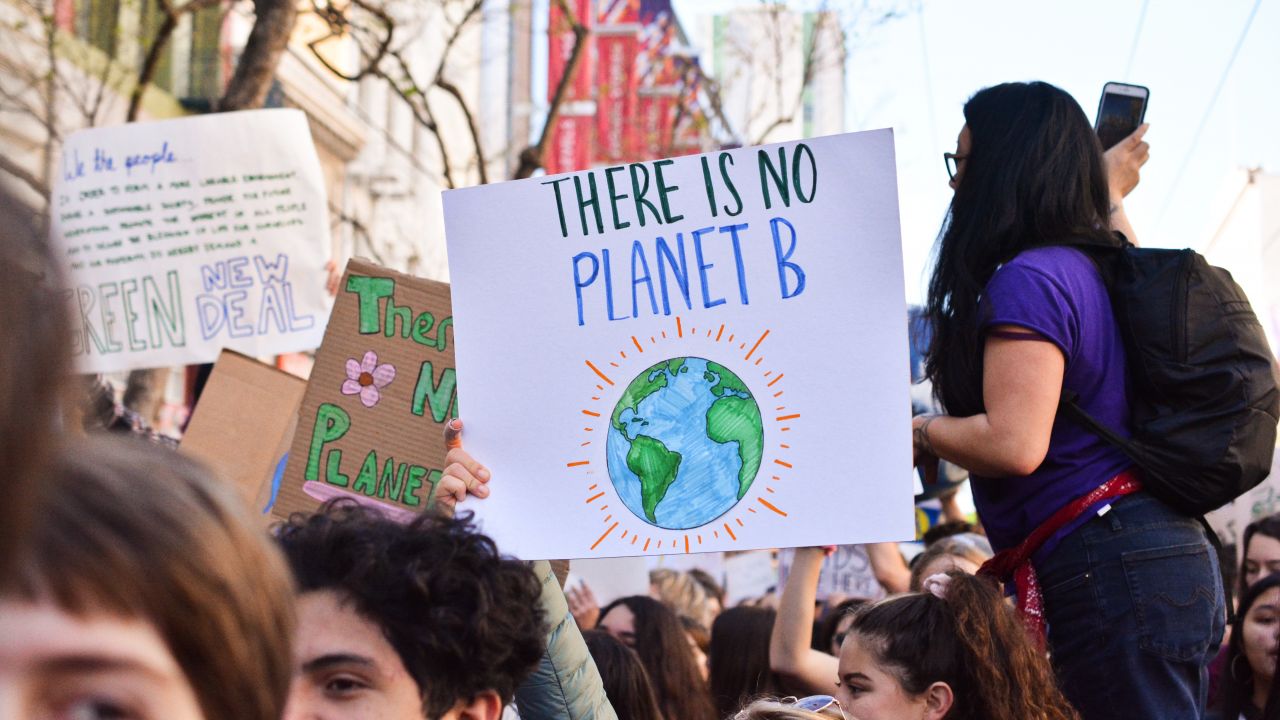Placard reading 'There is on Planet B' in a crowd of people at a protest