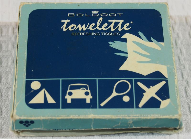 Old box of Dutch towelette "refreshing tissues"