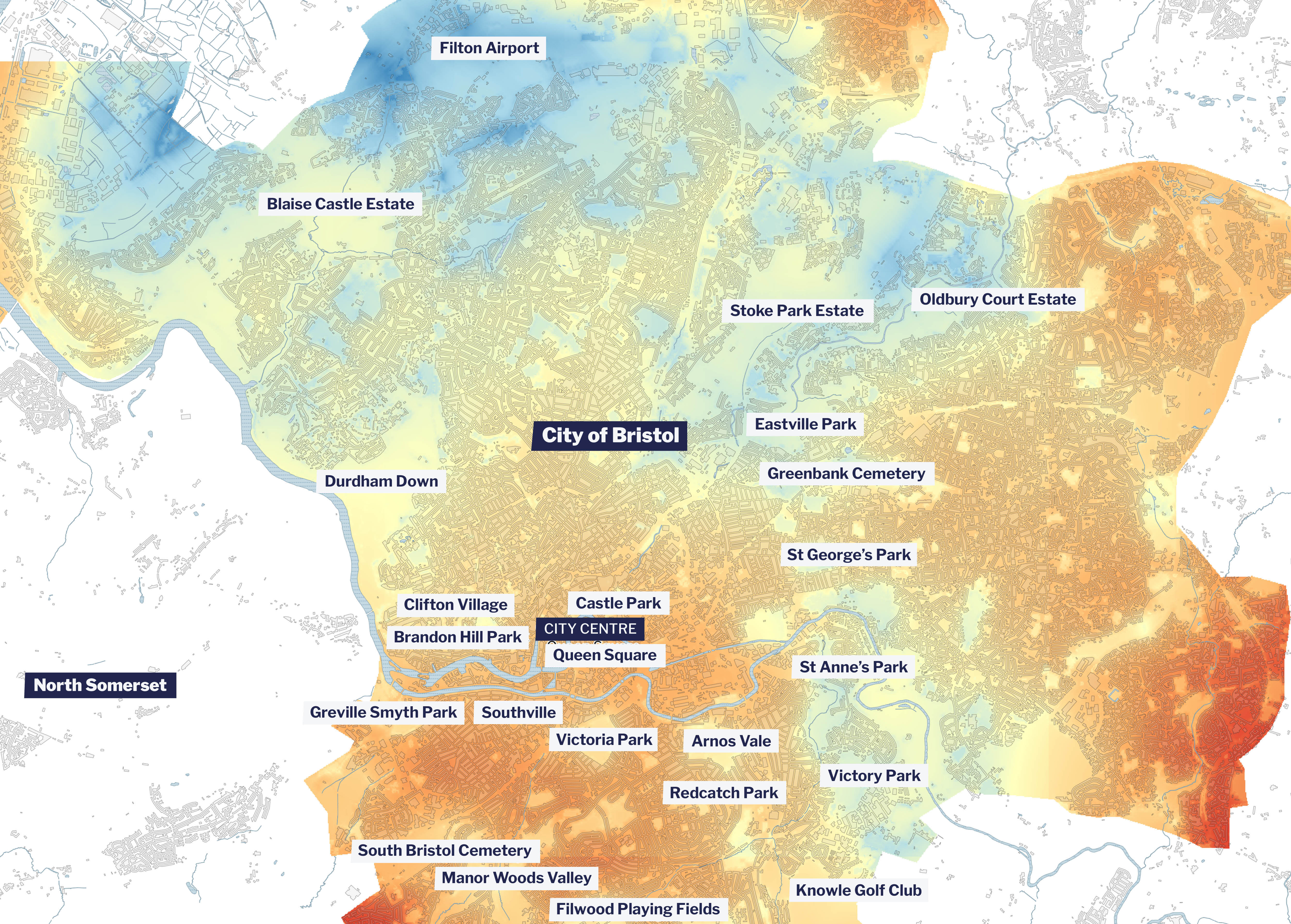 Map of Bristol shaded to show the cooling effect of trees and green spaces