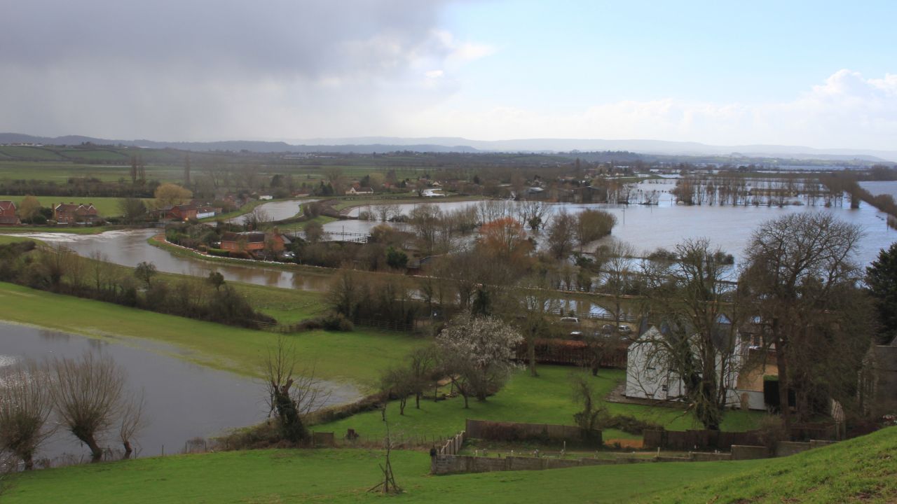 Confluence of the Rivers Parrett and Tone at Burrowbridge, Somerset, during flooding in February 2014