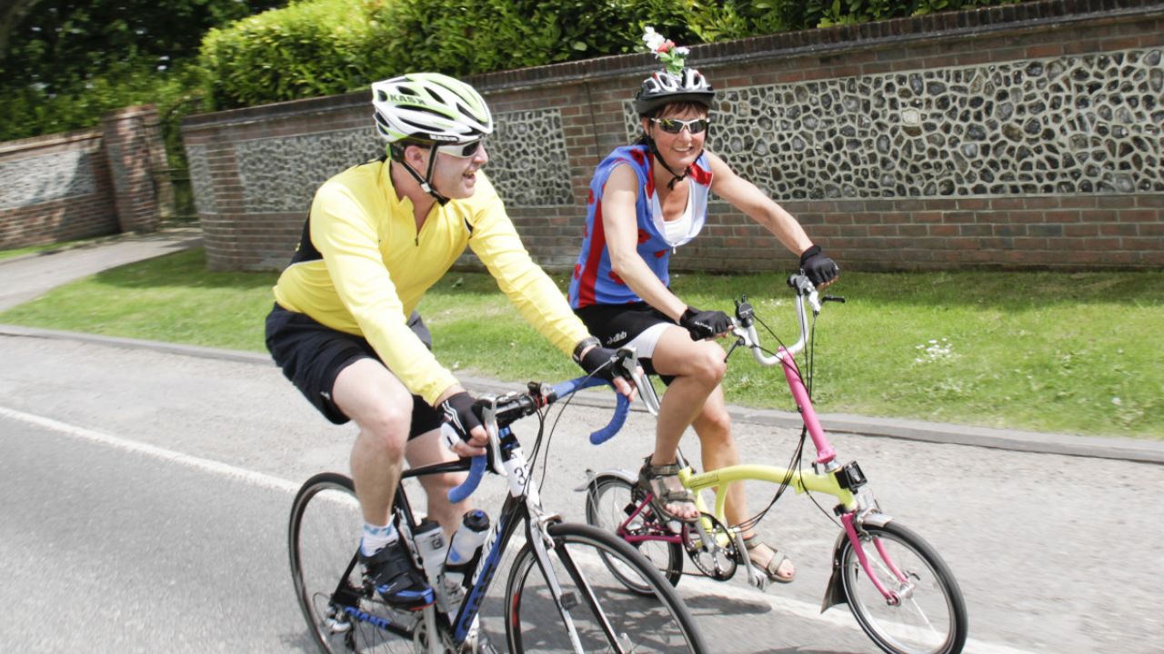 Two cyclists taking part in a Friends of the Earth fundraising cycle from London to the New Forest , 2014