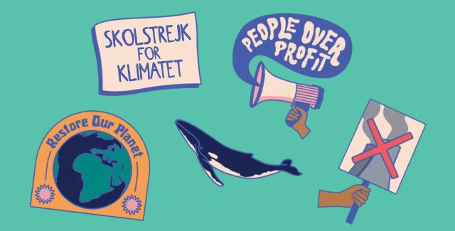 A graphic with different climate stickers: restore our planet, a whale, a placard with no fossil fuels image, people over profit 