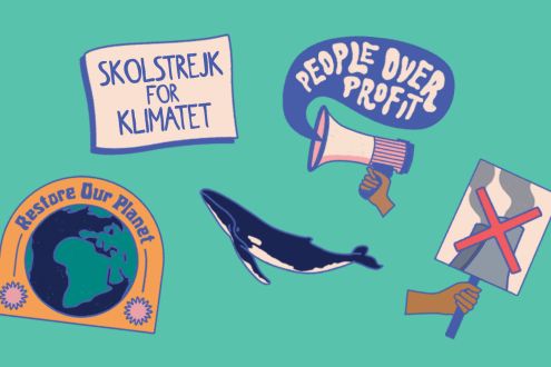 A graphic with different climate stickers: restore our planet, a whale, a placard with no fossil fuels image, people over profit 