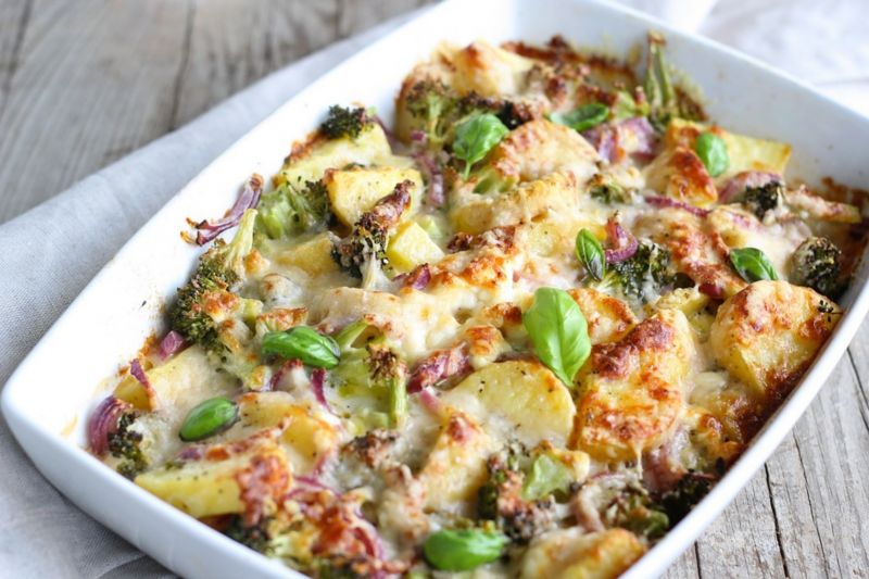 Dish of low-meat potato hotpot straight out of the oven