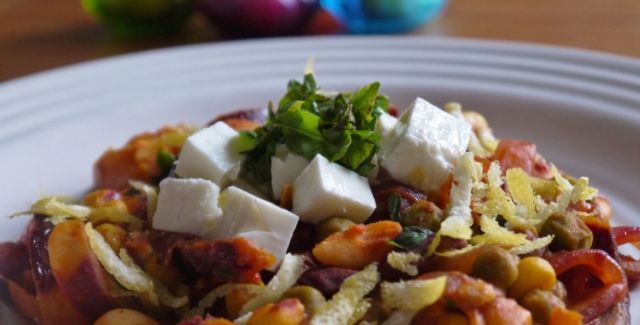 Harissa, kidney bean and chickpea one pot dinner with feta and fresh herbs
