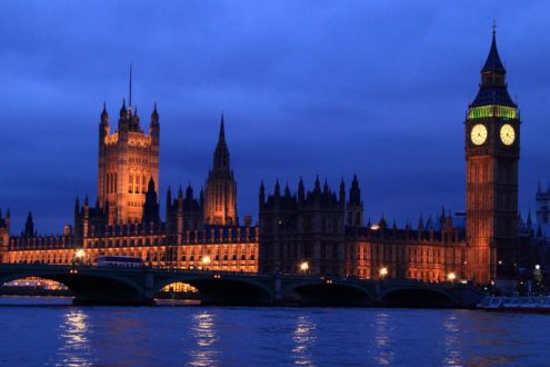 UK parliament at night, over the river Thames