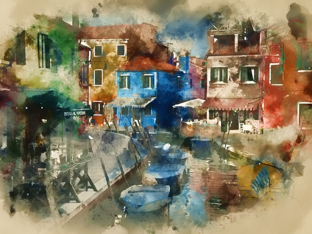 A watercolour painting of a canal in Venice