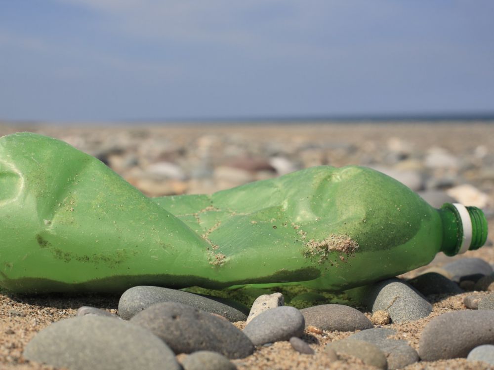 Discarded green plastic bottle on a beach