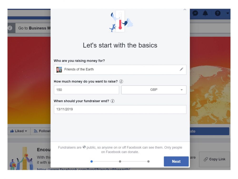 Facebook fundraiser page_computer