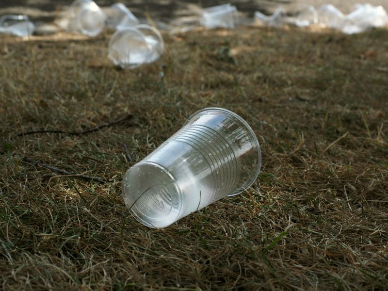 Close up of a plastic cup discarded in a field with more cups in the background