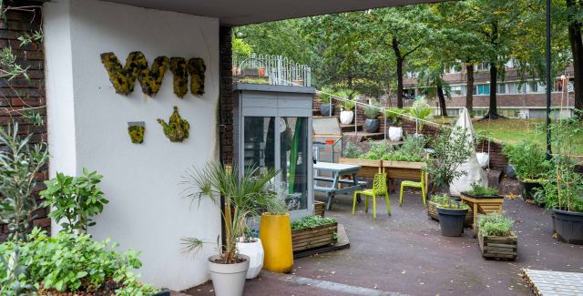 A block of flats that has been greened - lots of plant pots and trees, as well as places to sit.