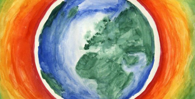 An artistic interpretation of global warming showing a painting of the Earth with heat rings emanating from it 