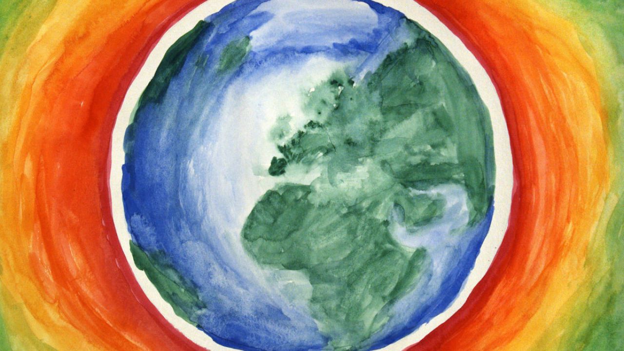 An artistic interpretation of global warming showing a painting of the Earth with heat rings emanating from it 