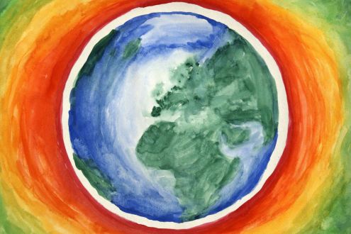 An artistic interpretation of global warming showing a painting of the Earth with heat rings emanating from it 