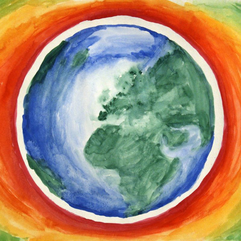 An artistic interpretation of global warming showing a painting of the Earth with heat rings emanating from it 