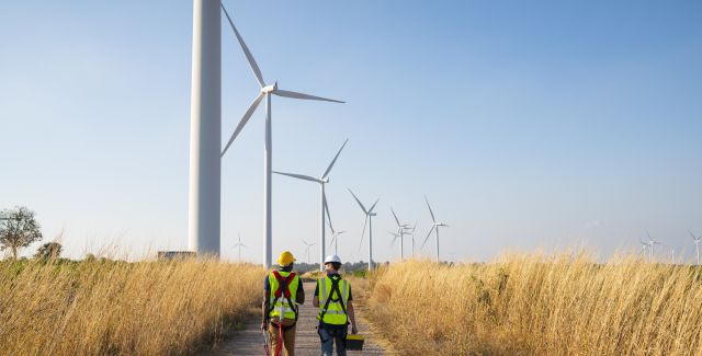 Two engineers walking along a row of wind turbines at a wind farm