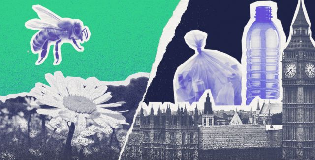 Two options for the environment - a bee over flowers and a pile of plastic waste towering over parliament