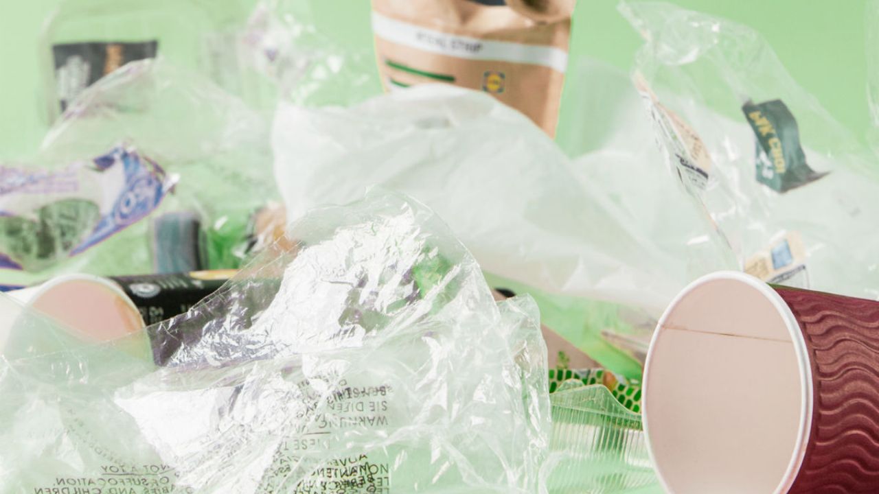 Examples of everyday plastic waste in our lives including disposable coffee cups and food packaging