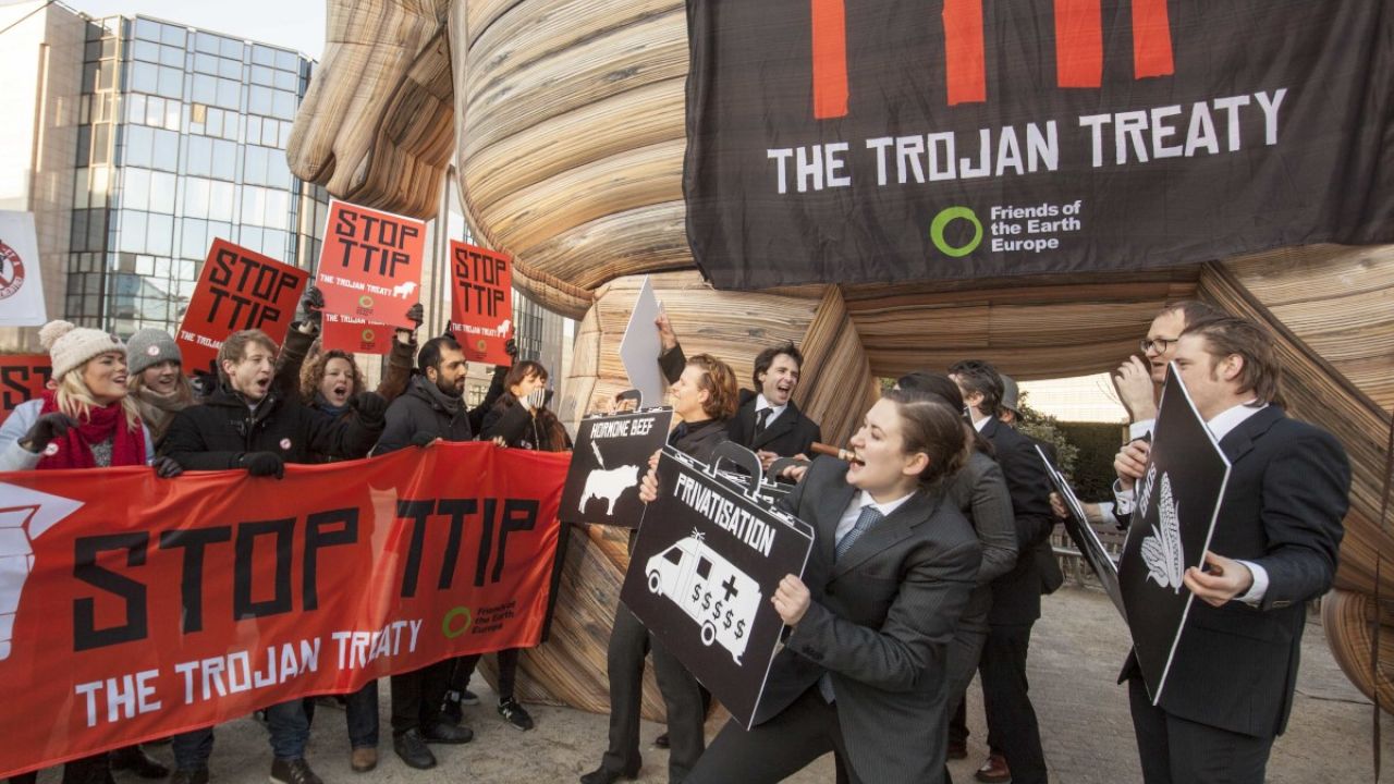 Friends of the Earth Europe action against TTIP (The Transatlantic Trade and Investment Partnership), referred to as a Trojan Treaty, outside the Eurpoean Commission, Brussels, Belgium 4 February 2015