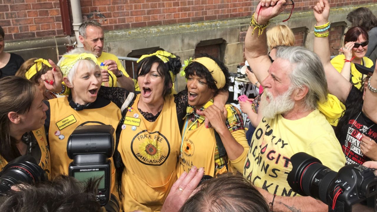 The moment Lancashire County Council reject Cuadrilla's application to frack at Preston New Road in Little Plumpton, Lancashire. Local residents, Friends of the Earth and anti-fracking protestors outside Lancashire County Council (County Hall), Preston, 29 June 2015