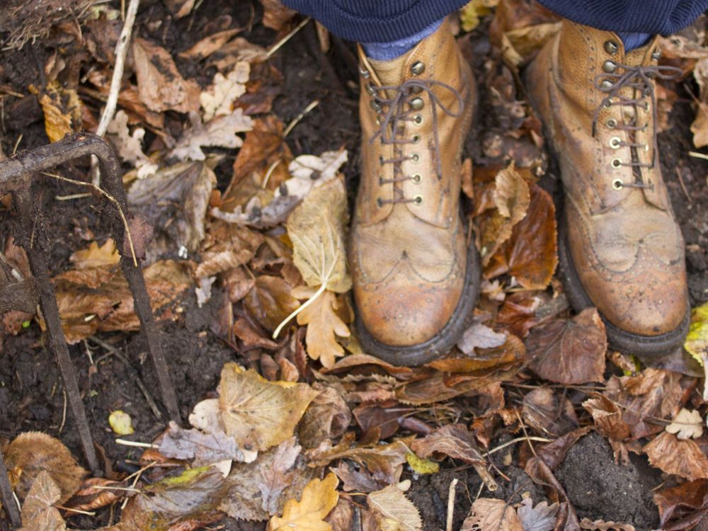 Rotting leaves on ground, with garden fork and shoes