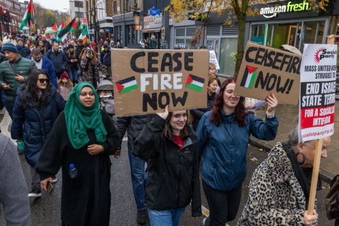 A crowd marches along a London street, 2 women in the foreground hold placards with "Ceasefire now" and the Palestinian flag painted on them
