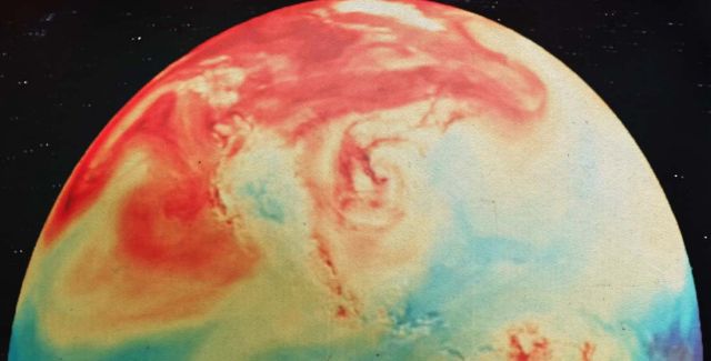 An illustration of the world in heat map colours to show the warming of our planet as red is prominent