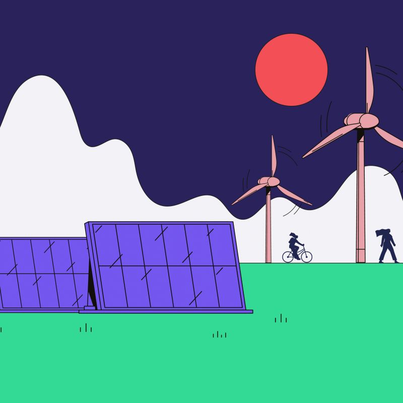 An illustration showing solar panels, active travel and a wind farm.