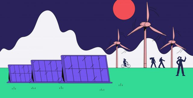 An illustration showing solar panels, active travel and a wind farm.