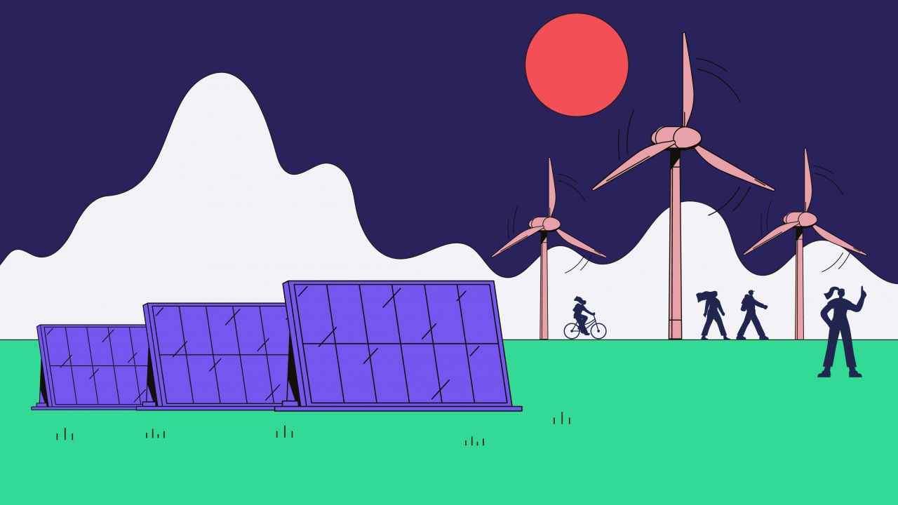 An illustration showing solar panels, active travel and a wind farm.