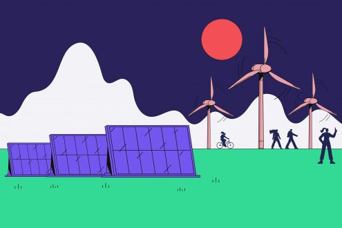 An illustration showing solar panels, active travel and a wind farm.