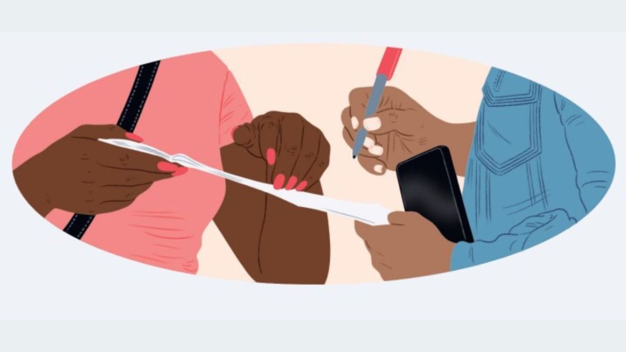 An illustration of a close up of two people writing on a piece of paper