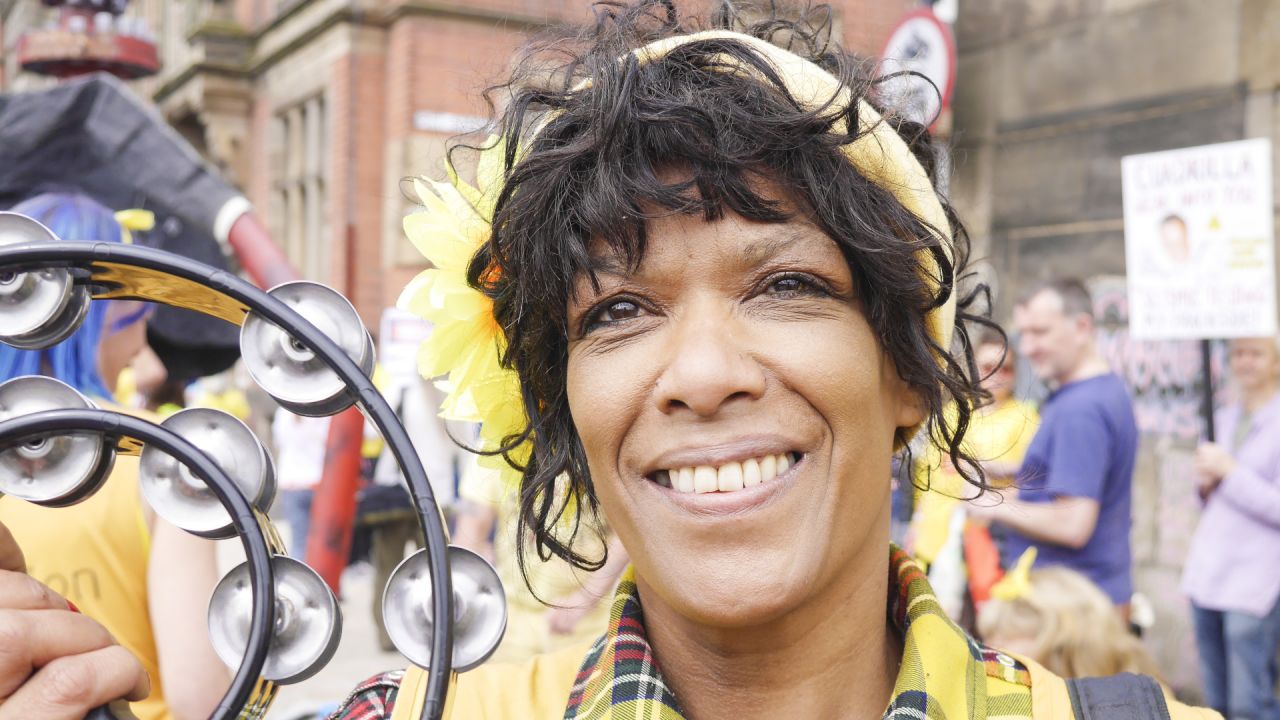 Cheryl Atkinson outside Lancashire county Council celebrating no vote, June 2015