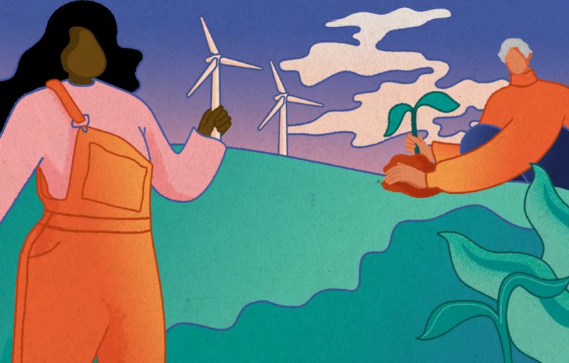 Illustration of people holding up a wind turbine and planting a tree