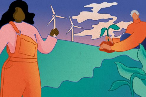 Illustration of people holding up a wind turbine and planting a tree
