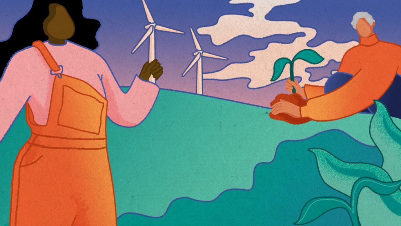 Illustration of people holding up a wind turbine and planting a tree