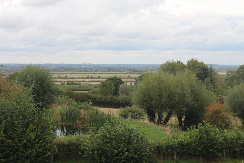 View of Otmoor from the village of Beckley: green trees and shrubs are dotted across a countryside landscape