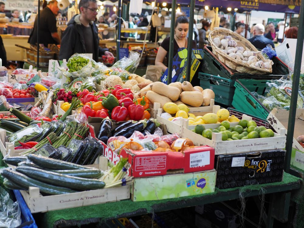 photo of fruit and veg stalls at St George's Market, Belfast