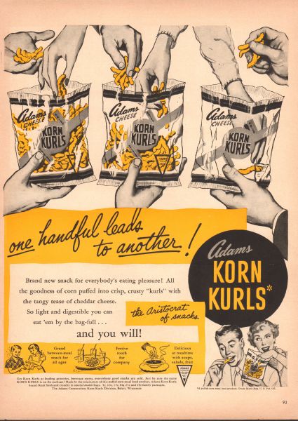 A 1950s advert for a snack called Korn Kurls showing 3 transparent plastic packets and hands dipping in.