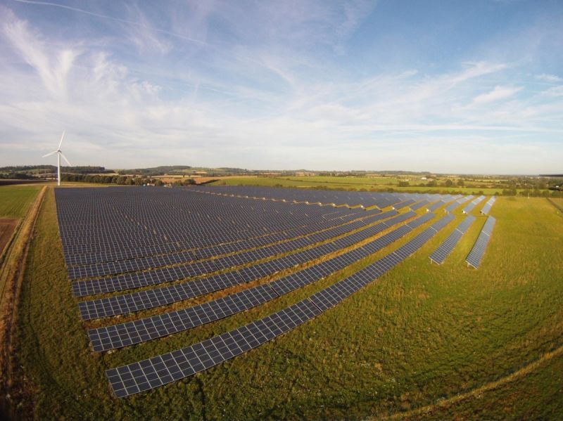 An aerial photo of Westmill Wind Farm and Westmill Solar Co-operative
