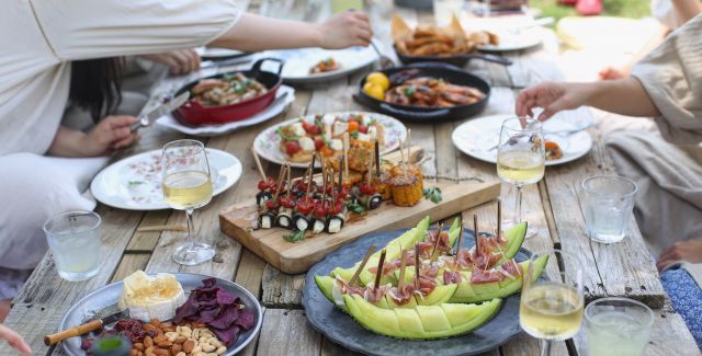 Food and drink on outdoor table